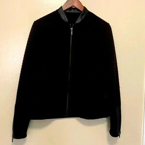 AVON  black on black textured jacket with faux leather at the collar and sleeves